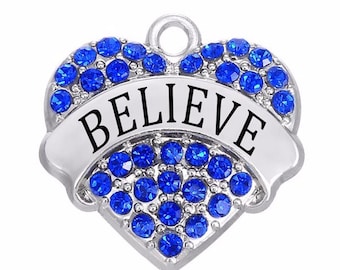 Rhinestone Heart Charm: Silver Alloy 'Believe' Pendant (24mm)