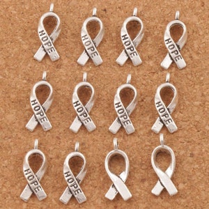 May include: Twelve silver charm pendants shaped like ribbon with the word "HOPE" engraved on each.