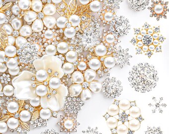 30 Pc Cream White Pearl Rhinestone Flatback Embellishments, Gold & Silver Tone Floral Cabochons, Bridal Wedding Craft Supplies