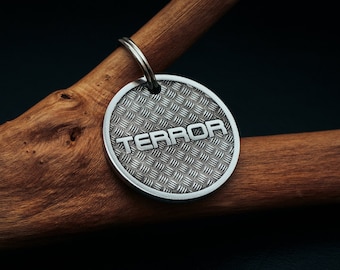 Engraved 'TERROR' Metal Dog Tag with Textured Diamond Plate Design
