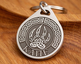 Kane Stainless Steel Dog ID Tag with Custom Engraved Celtic Design, Custom Name Collar Tag and Keychain Attachment