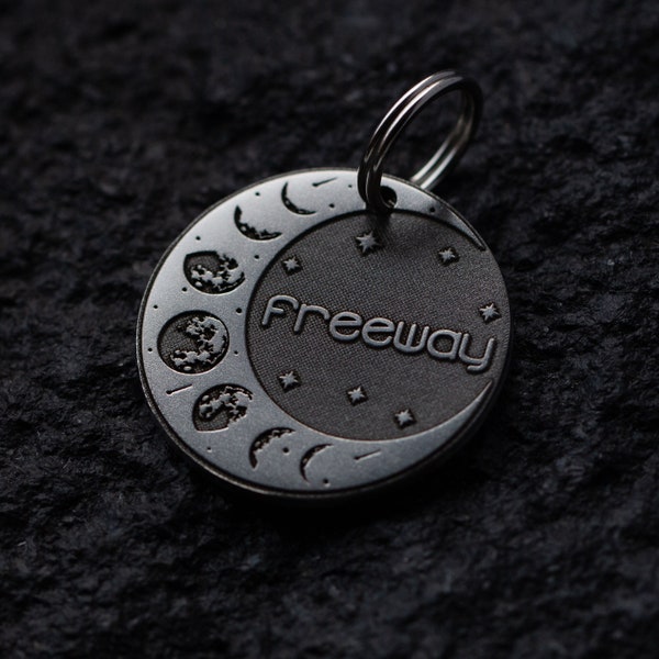 Personalized Round Moon Dog ID Tag - Stainless Steel moon cycle Pet Tag with Engraved Name, Customised Collar Tag & Keychain