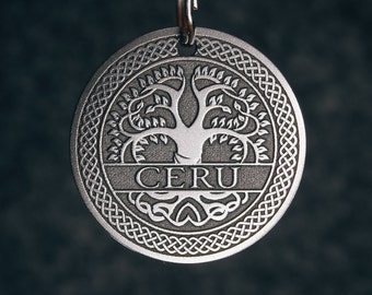 Personalized Round Viking Dog ID Tag - Stainless Steel Celtic Tree Pet Tag with Engraved Name, Customised Collar Tag & Keychain