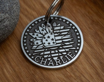Custom Engraved Stainless Steel Pet Tag with Personalized Name "Charlie" and USA Flag in shape of flower Design