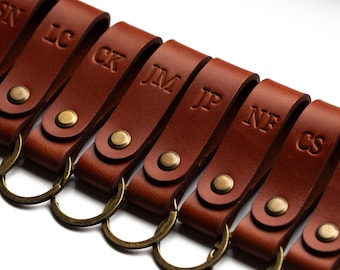 Handmade Italian Buttero leather keychain with embossed initials, Max 10 characters per side.