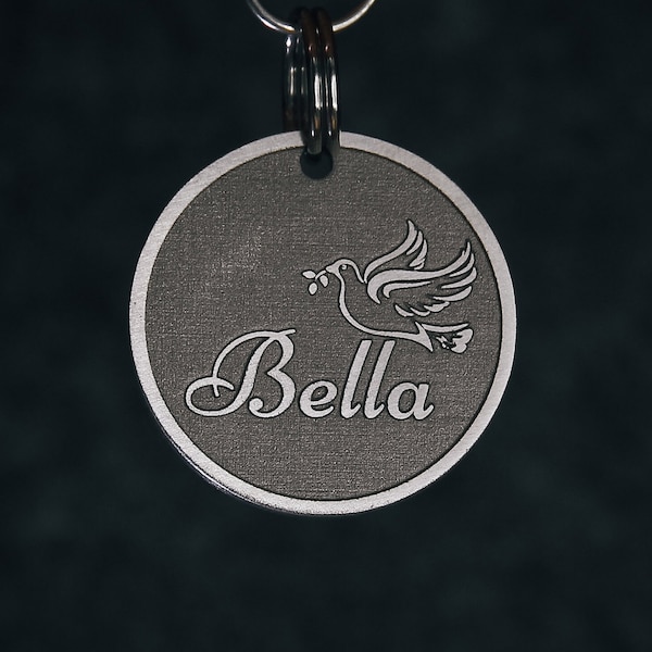 Dog Name Tag, Pet ID Tag with Dove, Engraved Tag For Pets. Dog tag for collar, Custom Personalised Pet ID, Custom name badge