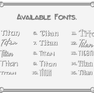 May include: A list of 15 different font styles for the word "Titan" in various sizes and weights. The word "AVAILABLE FONTS" is at the top of the image.