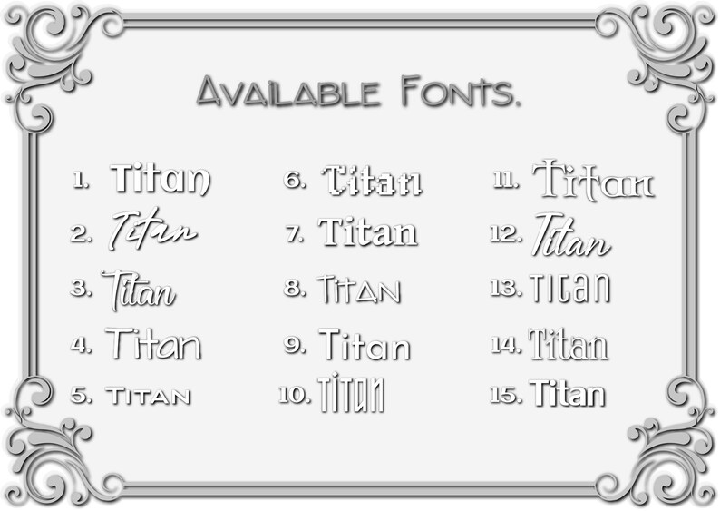 May include: A list of 15 different font styles for the word "Titan" in various sizes and weights. The word "AVAILABLE FONTS" is at the top of the image.