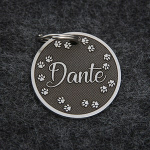 Médaille d'identification pour animal de compagnie en acier inoxydable avec empreintes de pattes, médaille pour collier de chien, médaille gravée pour animaux de compagnie. Carte d'identité personnalisée pour animal de compagnie, médaille pour chiot