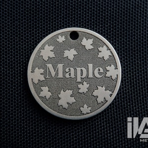 Round Deep Engraved Maple design Dog Tag, Personalised Dog Pet ID Tag, Custom Pet Name Tag, leaf background Dog  Tag, Puppy Tag, Dog Gifts