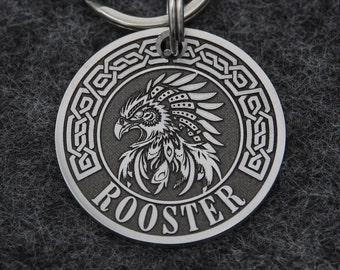 Customized Engraved Stainless Steel Dog ID Tag - Rooster Design, Keychain Attachment & Name Collar Tag