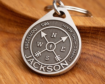 Jacksons ID Tag with Custom Engraved Compass Design, Custom Name Collar Tag and Keychain, Stainless Steel Dog tag.