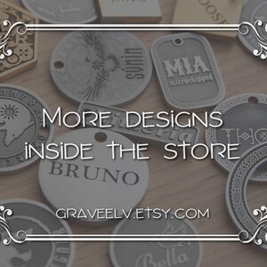 May include: A collection of silver metal dog tags with various designs and engravings. The tags feature names like "Bruno", "Mia", and "Smith", as well as a wolf and sun design. The text "MORE DESIGNS INSIDE THE STORE GRAVEELV.ETSY.COM" is displayed on a wooden background.