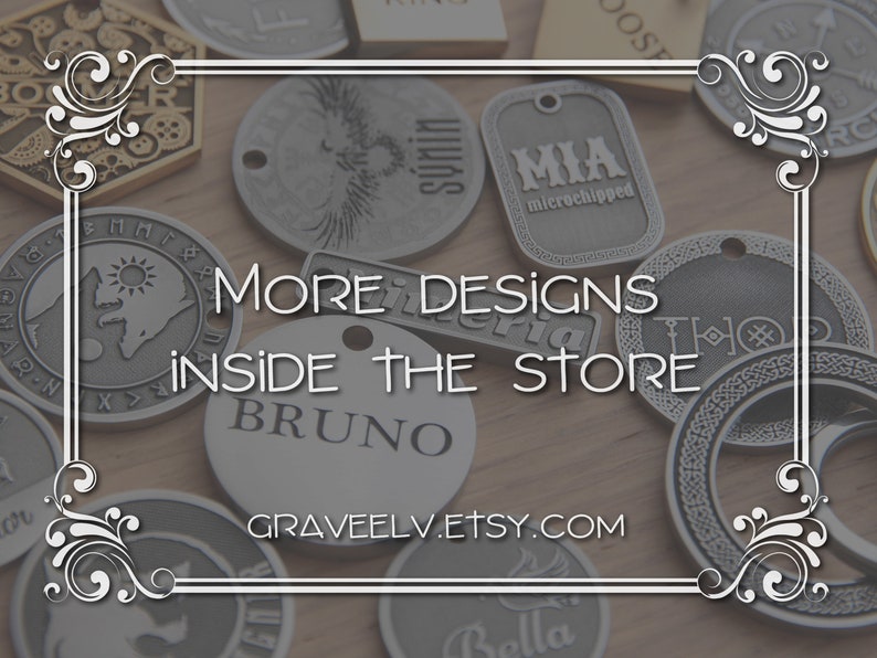 May include: A collection of silver metal dog tags with various designs and engravings. The tags feature names like "Bruno", "Mia", and "Smith", as well as a wolf and sun design. The text "MORE DESIGNS INSIDE THE STORE GRAVEELV.ETSY.COM" is displayed on a wooden background.