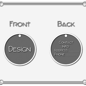 May include: A round, gray tag with the word "DESIGN" on the front and "CONTACT INFO, ADDRESS, PHONE" on the back.