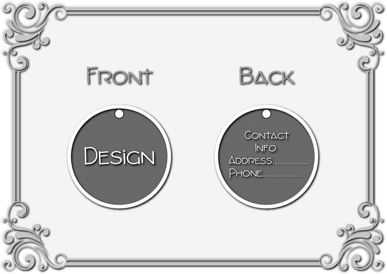 May include: A round, gray tag with the word "DESIGN" on the front and "CONTACT INFO, ADDRESS, PHONE" on the back.