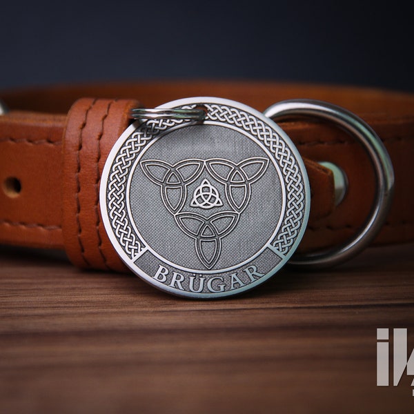 Médaille d'identification de chien viking ronde personnalisée - Médaille d'animal de compagnie d'arbre celtique en acier inoxydable avec nom gravé et porte-clés pour étiquette de collier