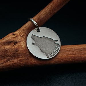 Médaille d'identification pour animal de compagnie en acier inoxydable BRUNO à profil personnalisé, Médaille d'identification pour animal de compagnie avec nom personnalisé.
