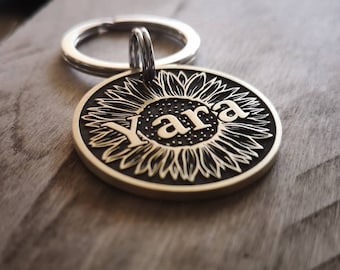 Engraved Sunflower Dog ID Tag, Custom Pet Name, Floral Collar Tag