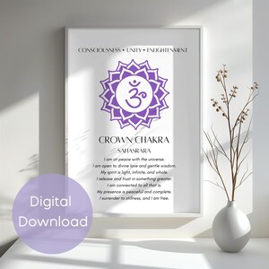 Può includere: Una stampa incorniciata con bordo bianco presenta un simbolo del Chakra della Corona viola e testo sull'illuminazione. Le parole "Coscienza, Unità, Illuminazione" sono in alto. Un vaso con rami è a destra e un adesivo "Download digitale" in basso a sinistra.