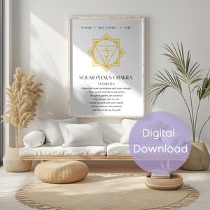 May include: A framed print with the words "Solar Plexus Chakra" and the word "Manipura" in a modern font. The print has a yellow chakra symbol and affirmations. The image also includes a round rug, a wooden bench, and decorative plants.