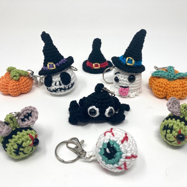 Crochet Halloween Ghost Eyeball Witch hat Zom-Bee Spider Skellington Keyring or Car Charm 100% Cotton