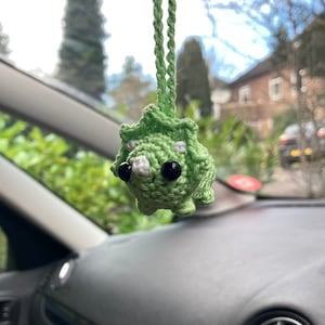 Handmade Crochet Tiny Triceratops Car Charm Rear View Mirror Accessory or Keyring or Phone charm