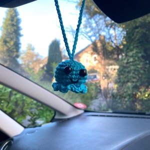 Handmade Crochet Mini Octopus Car Charm Rear View Mirror Hanging Accessory or Keyring