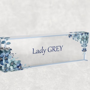 Blue Fowers Desk Name Gift, Personalized Name Plate for Desk, Personalized Acrylic Gift , Custom Office Decor Nameplate Sign, Christmas Desk