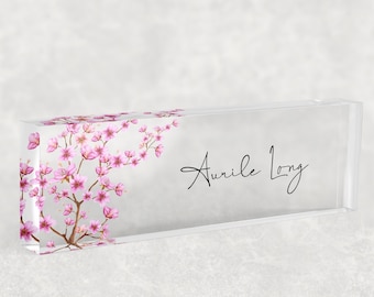 Pink Flowers Personalized Name Plate: Custom Desk Decor