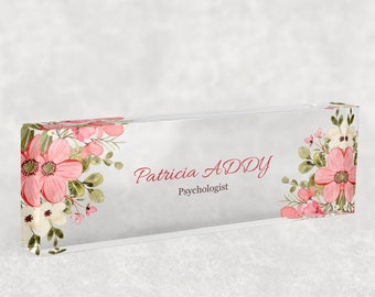 Personalized Office Desk Name Plate: Clear Acrylic Glass with Floral Design