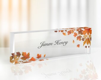 Naambord bureau op maat, naambordje leraar, naambordje voor bureau, gepersonaliseerd relatiegeschenk, cadeau voor baas, herfstbladeren naambordje bureau