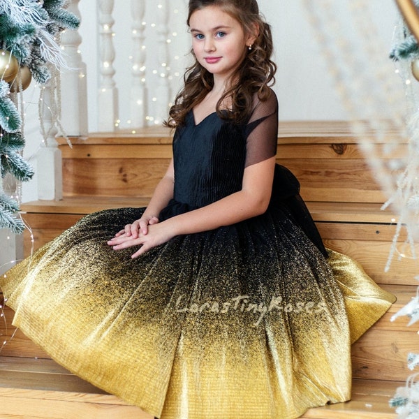 Girl Christmas fashion black goldy dress Sparkling black goldy baby dress Gradient toddler ball gown Babygirl Birthday dress for Photoshoot
