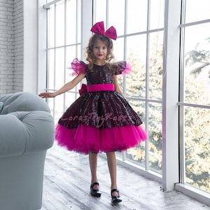 Baby Birthday dress Puffy baby dress raspberry-black Tulle tutu girl dress Christmas baby princess dress Baby girl couture evening outfit