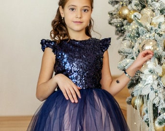 Royal blue sparkling baby dress, Sequins blue ball dress, Birthday baby gown, Special occasion dress, Christmas Baby outfit,Super Sale -50%