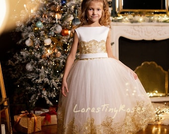 Flower girl white baby dress with gold lace Perfect wedding white baby dress Christmas white baby dress Tulle white-gold baby tutu dress