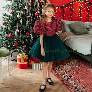 Plaid Christmas Baby Girl Gown, Photoshoot Christmas Dress, Flannel Girl Dress, Short Puff Sleeve, Tutu Toddler Xmas Outfit