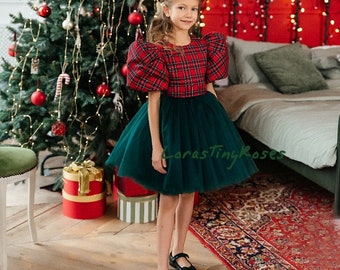 Plaid Christmas Baby Girl Gown, Photoshoot Christmas Dress, Flannel Girl Dress, Short Puff Sleeve, Tutu Toddler Xmas Outfit
