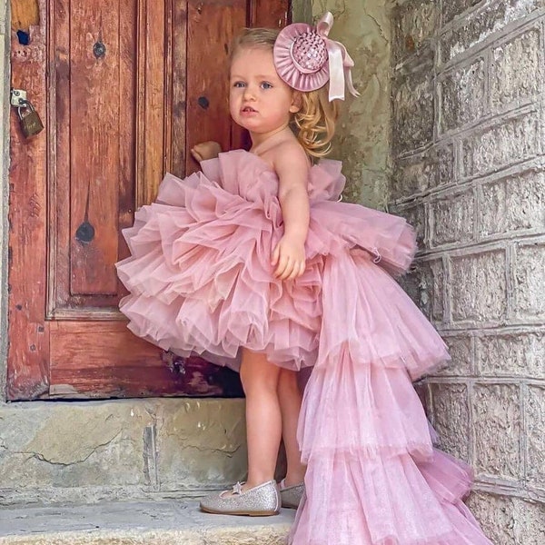 Birthday baby dress Flower girl dress Baby short puffy dress with detachable train Toddler blush pink tulle puffy dress Photo shoot dress