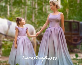 Mother daughter matching dresses in lilac pink sparkling, Gradient Wedding long dresses, Special осаssion family look for Photoshoot X-mas