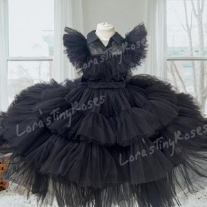 Halloween Cosplay Kostüm, Gothic Schwarz Rüschen Kleid für Mädchen, Gruseliges Schicht-Outfit, Halloween Tüll Kostüm, Schwarz Tüll Festzug Kleid