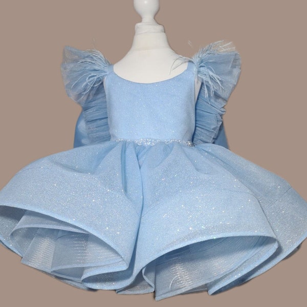 Shimmering First Birthday Blue Dress with Crystal and Feathers Light Blue Flower Girl Dress Wedding Baby Dress Christmas Shiny Toddler Dress