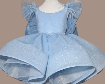 Shimmering First Birthday Blue Dress with Crystal and Feathers Light Blue Flower Girl Dress Wedding Baby Dress Christmas Shiny Toddler Dress