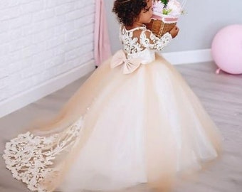 Ivory Flower girl dress with lace train Birthday girls tulle dress Wedding baby long dress Floor lenght flower girl dress with lace train