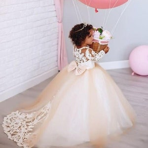 Ivory Flower girl dress with lace train Birthday girls tulle dress Wedding baby long dress Floor lenght flower girl dress with lace train