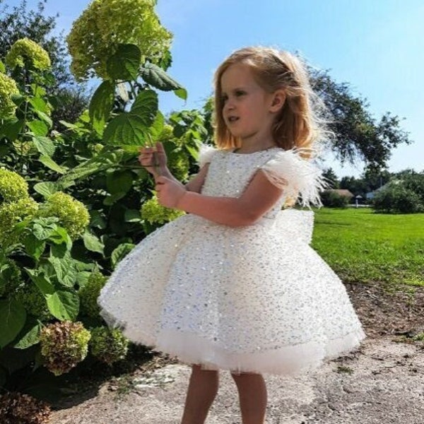 White first birthday dress embroidered pearls and sequins Christening white  baby dress Sparkling wedding Flower girl dress Photoshoot baby