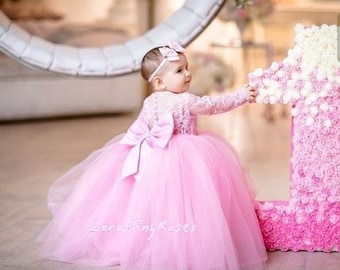 Erster Geburtstag Baby rosa Kleid 1. Geburtstag Baby rosa Spitzenkleid Kleinkind kleine Prinzessin Kleid Kleinkind Knöchel rosa Kleid Blumenmädchen Kleid