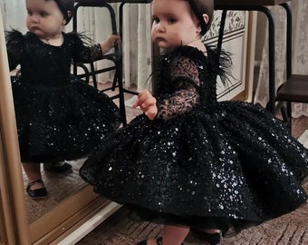 Sparkling black baby dress with pearls and sequins First birthday black dress Sparkling black Flower girl dress Photoshoot black baby dress