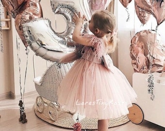 Toddler blush pink dress, Birthday baby tulle dress, Flower Girl dress, Pink beige princess gown, Pageant baby gown, Easter baby outfit