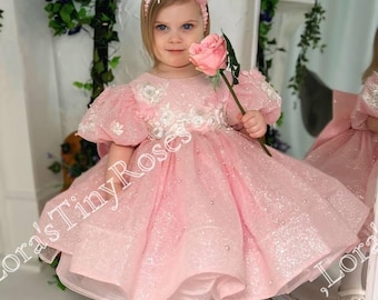 1st birthday dress for your little fashionista, baby pink shiny dress with lace flowers, pageant toddler dress, girl prom tutu dress